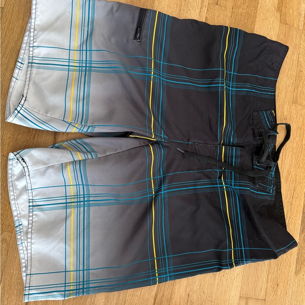 Hang Ten Men's Gray & Black Plaid Swim Board Shorts with Blue and Yellow Stripes